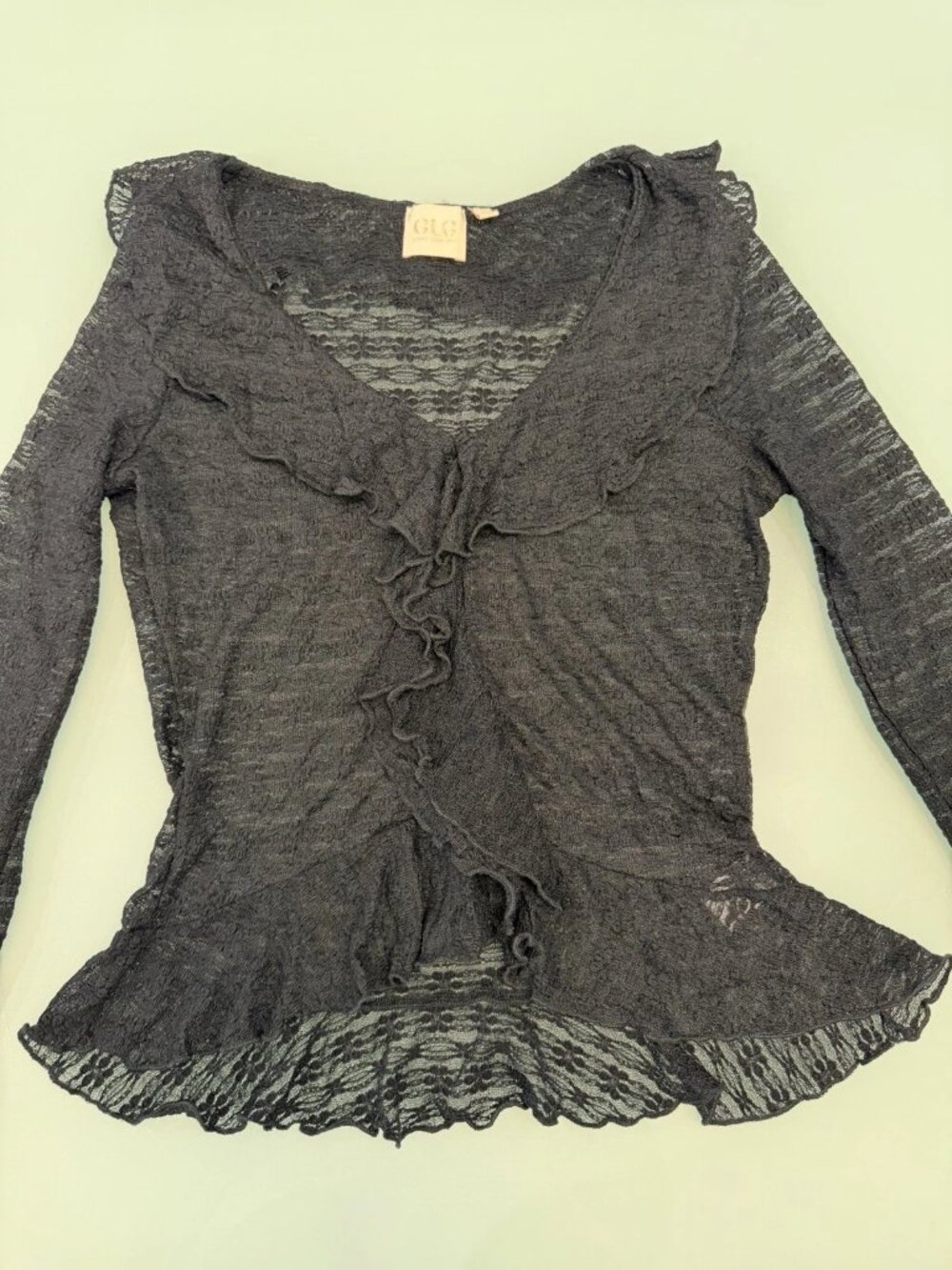 GLG Good Luck Gem Top M Black Lace Sheer Babydoll Crop Y2K Wimsigoth Fairy Witch